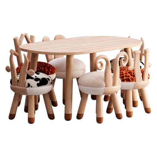 Wood chairs table farm animals 3d model Download  Buy 3dbrute